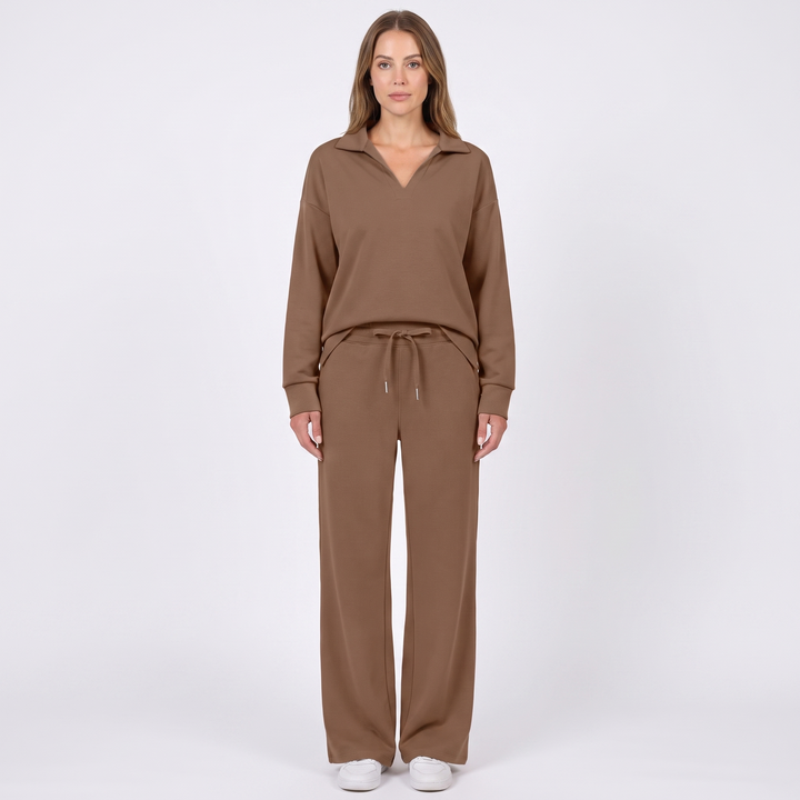Women's Collared Top and Wide-Leg Pants Two-Piece Set