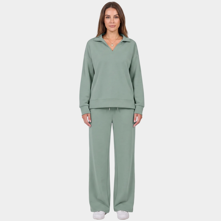 Women's Collared Top and Wide-Leg Pants Two-Piece Set