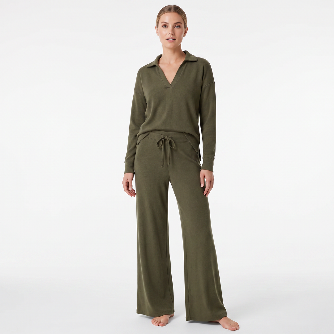 Women's Collared Top and Wide-Leg Pants Two-Piece Set