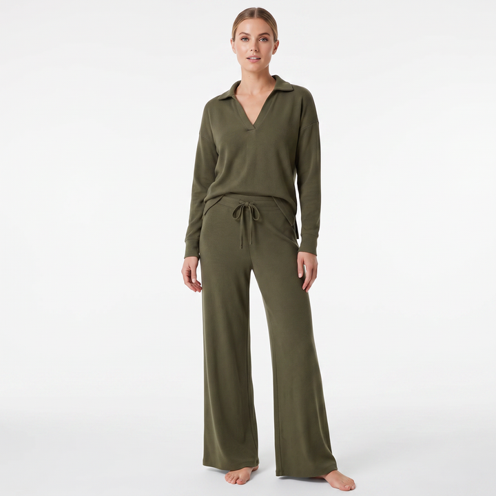 Women's Collared Top and Wide-Leg Pants Two-Piece Set