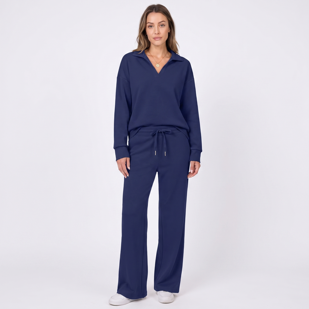 Women's Collared Top and Wide-Leg Pants Two-Piece Set