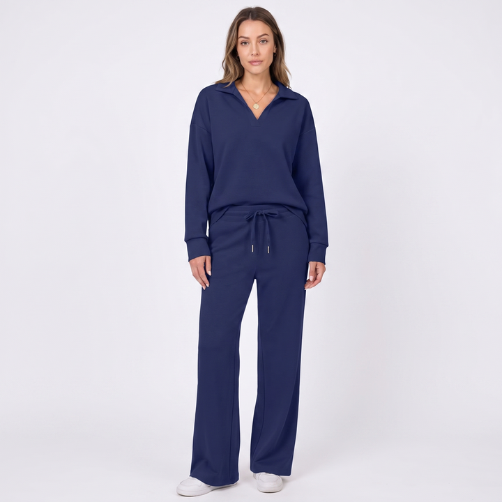 Women's Collared Top and Wide-Leg Pants Two-Piece Set