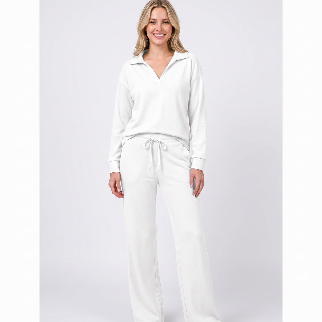 Women's Collared Top and Wide-Leg Pants Two-Piece Set