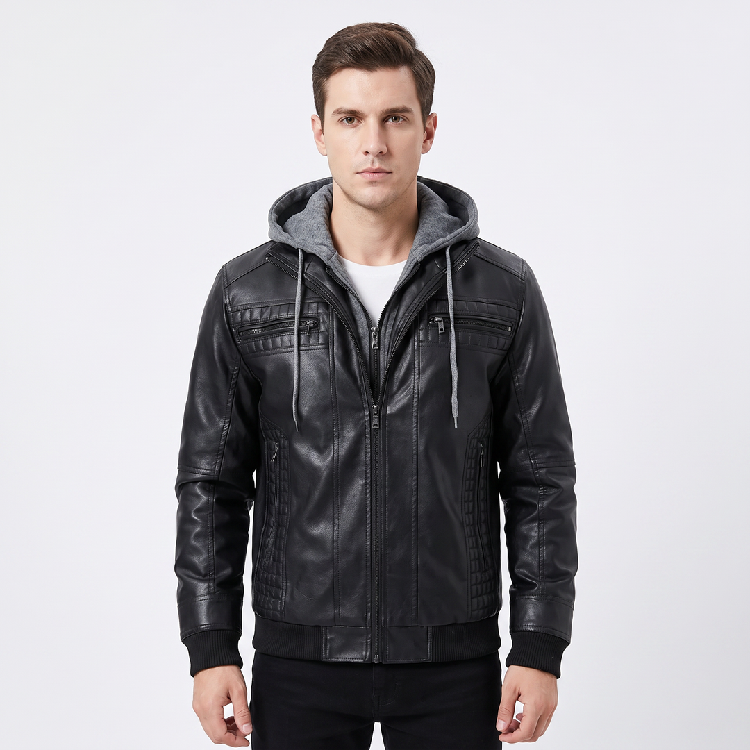 Men's Leather Jacket Removable Hood Zip-Up Moto Jacket