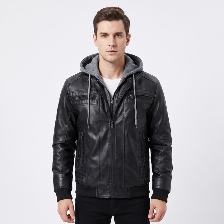 Men's Leather Jacket Removable Hood Zip-Up Moto Jacket