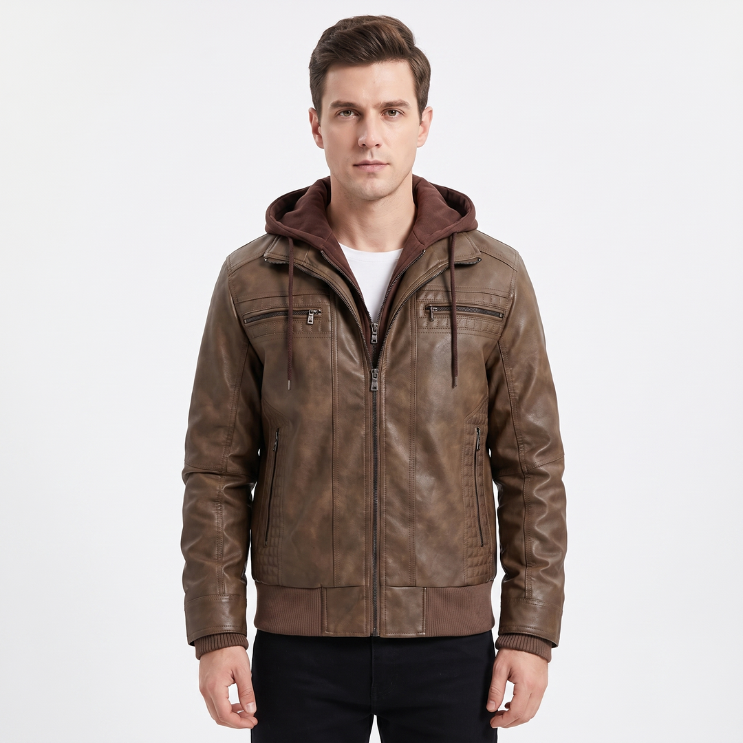 Men's Leather Jacket Removable Hood Zip-Up Moto Jacket