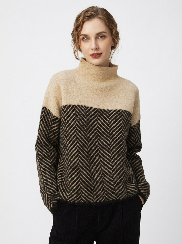 Women's Herringbone Turtleneck Sweater Oversized Knit Pullover