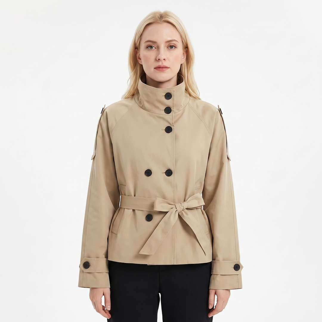 Women's Belted Trench Jacket Double-Breasted Stand Collar Coat