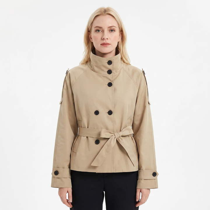 Women's Belted Trench Jacket Double-Breasted Stand Collar Coat