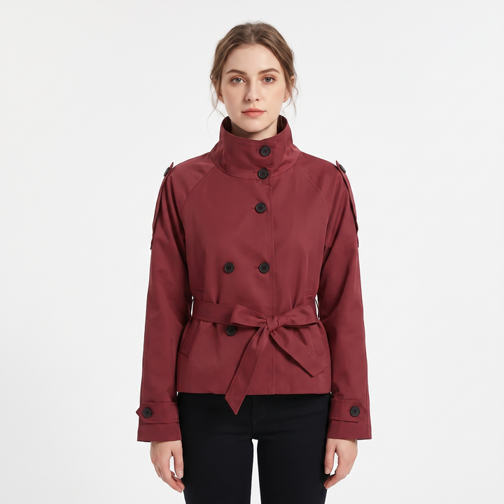 Women's Belted Trench Jacket Double-Breasted Stand Collar Coat