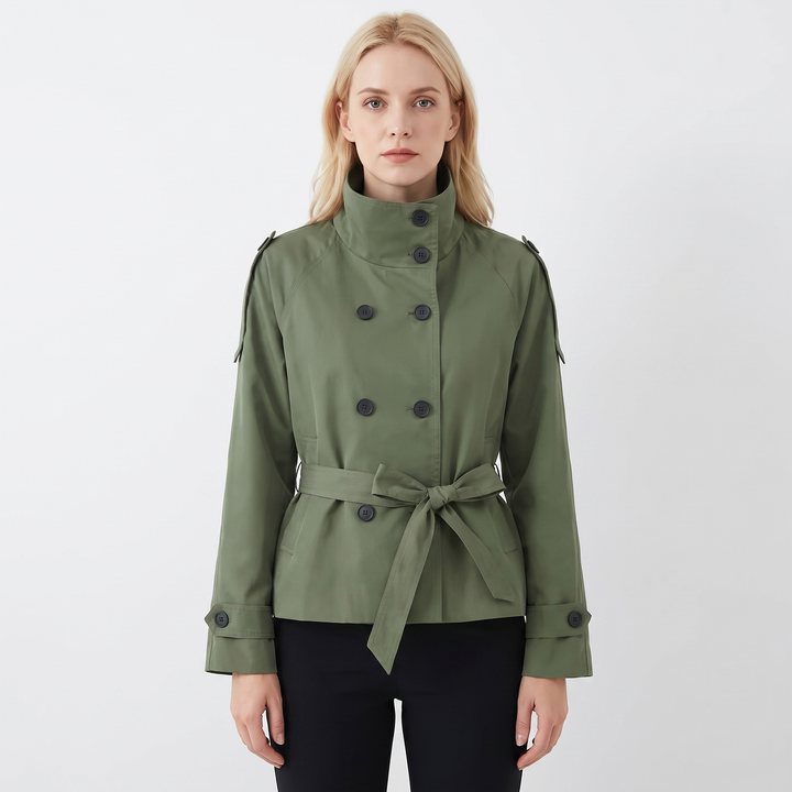 Women's Belted Trench Jacket Double-Breasted Stand Collar Coat