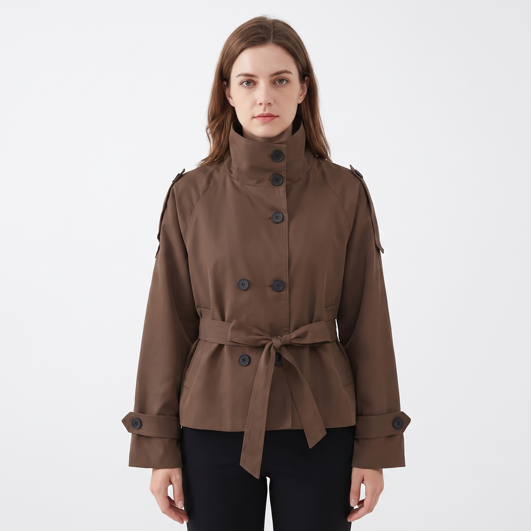 Women's Belted Trench Jacket Double-Breasted Stand Collar Coat
