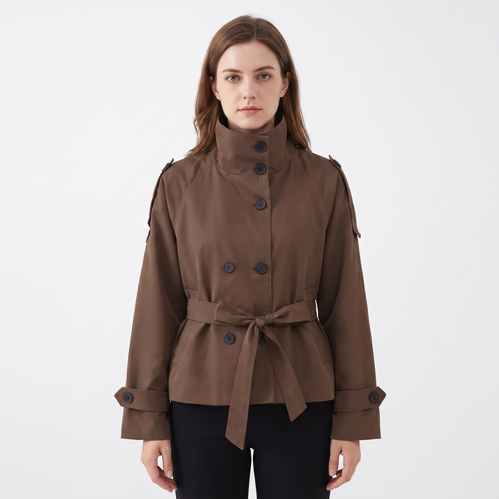 Women's Belted Trench Jacket Double-Breasted Stand Collar Coat
