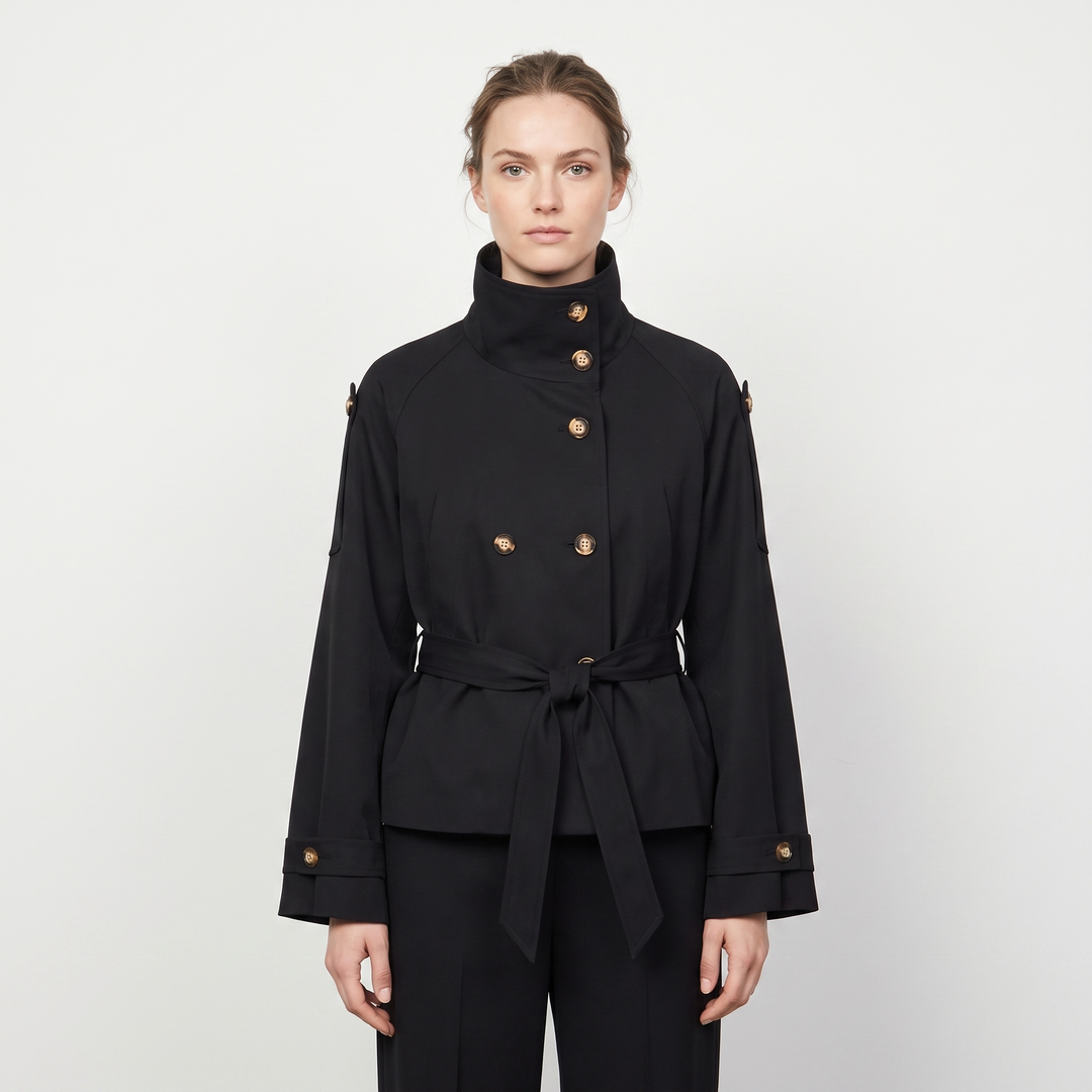 Women's Belted Trench Jacket Double-Breasted Stand Collar Coat