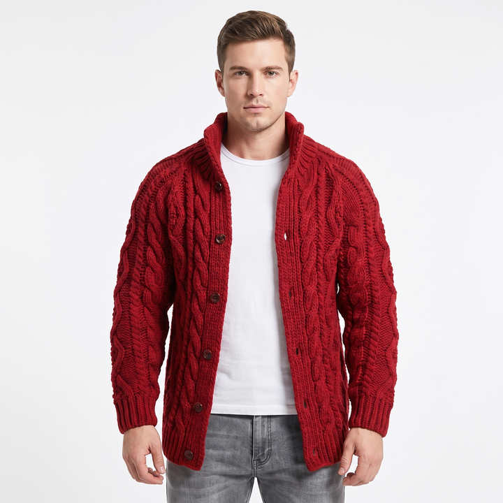 Men's Cable Knit Cardigan Chunky Shawl Collar Sweater