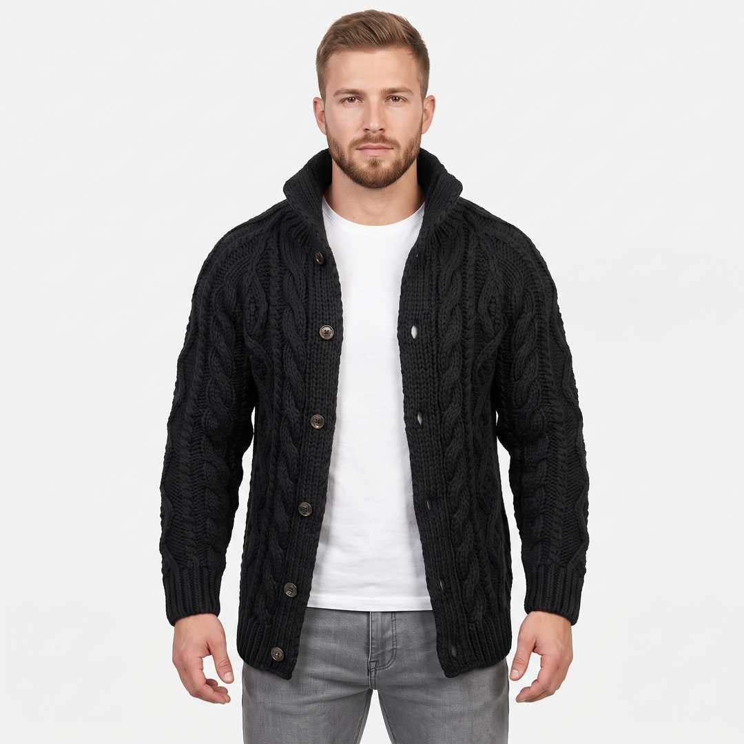 Men's Cable Knit Cardigan Chunky Shawl Collar Sweater