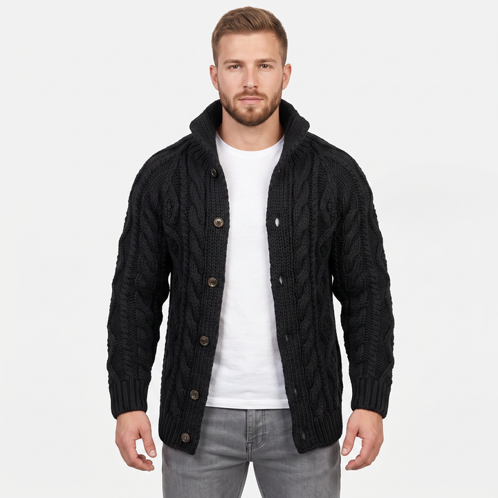 Men's Cable Knit Cardigan Chunky Shawl Collar Sweater
