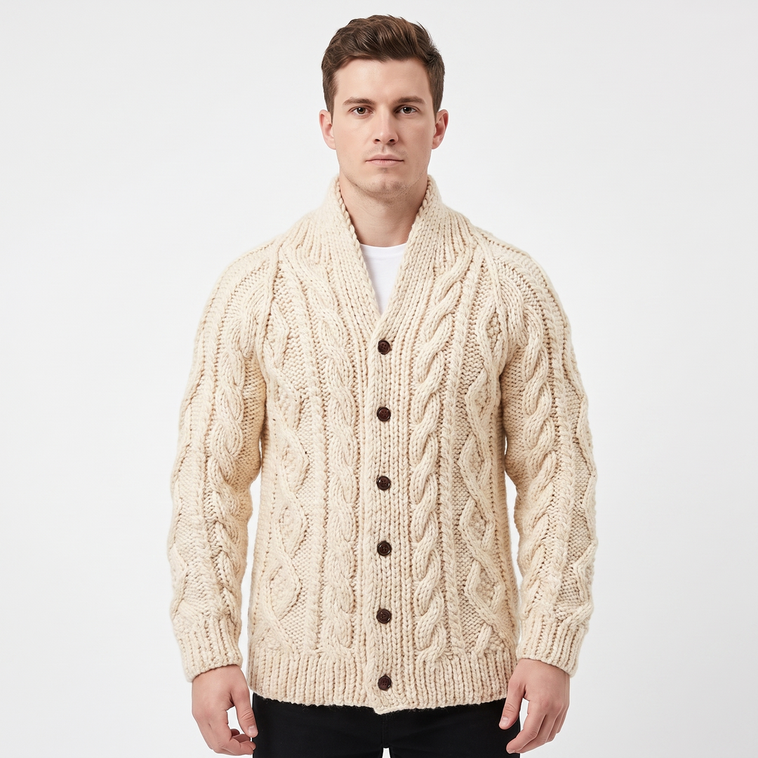 Men's Cable Knit Cardigan Chunky Shawl Collar Sweater