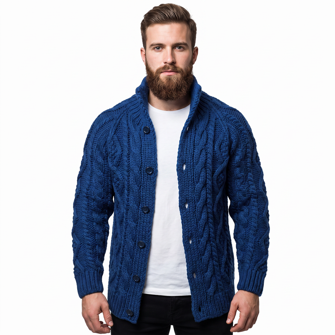 Men's Cable Knit Cardigan Chunky Shawl Collar Sweater