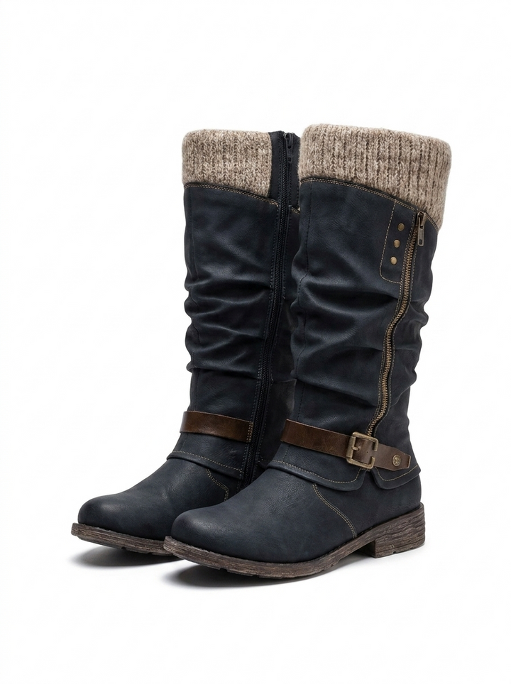 Women's Knee High Boots Knit Cuff Buckle Strap Riding Boots