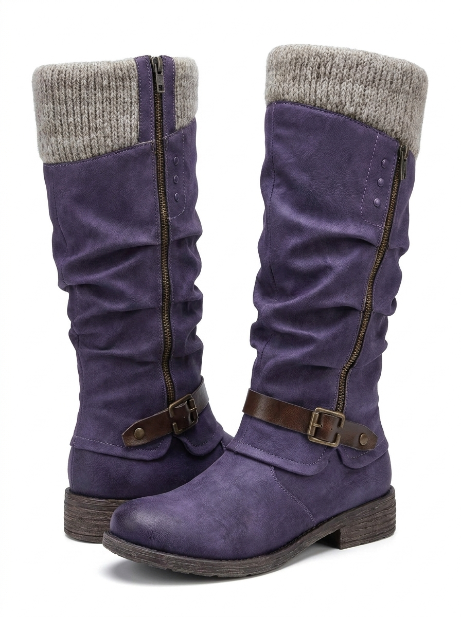 Women's Knee High Boots Knit Cuff Buckle Strap Riding Boots