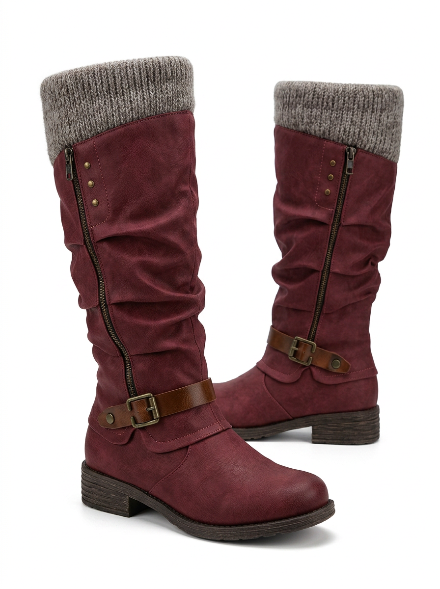 Women's Knee High Boots Knit Cuff Buckle Strap Riding Boots