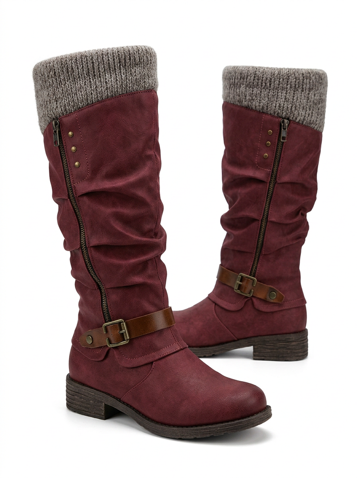 Women's Knee High Boots Knit Cuff Buckle Strap Riding Boots