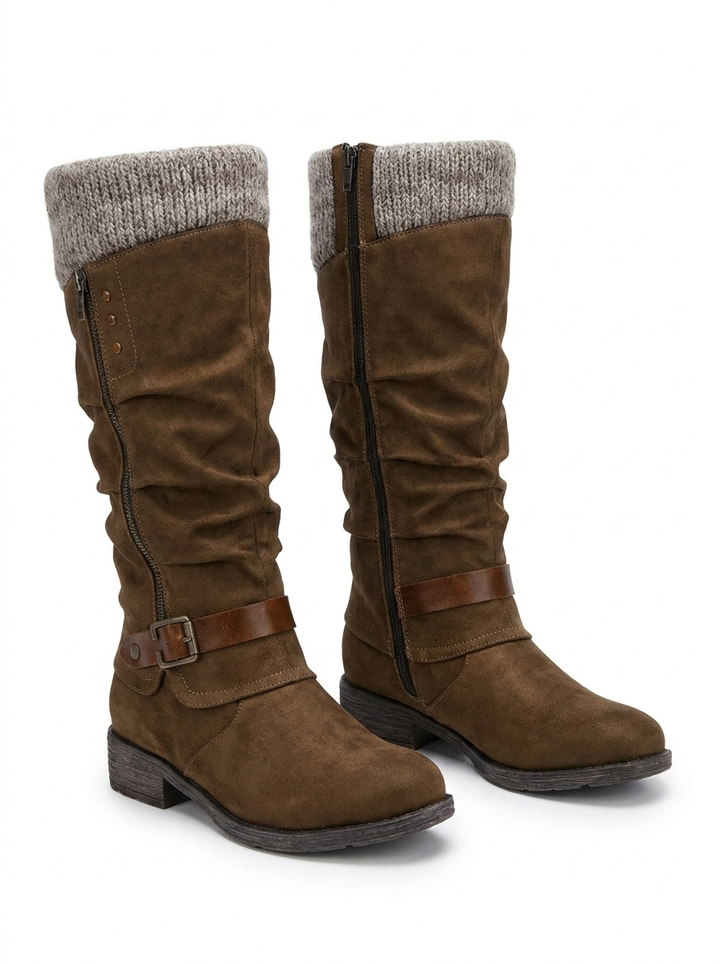 Women's Knee High Boots Knit Cuff Buckle Strap Riding Boots
