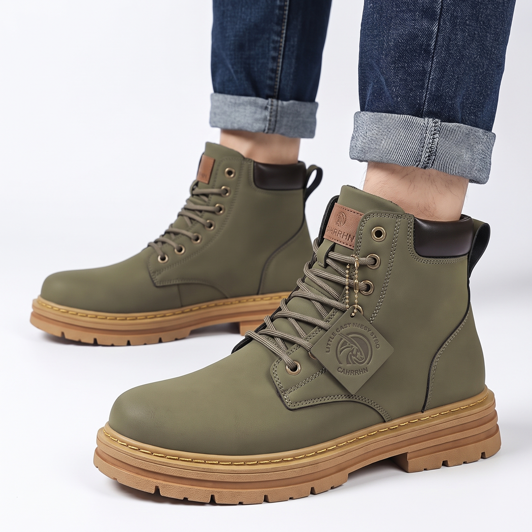 Men's Leather Work Boots Lace-Up Chunky Sole Ankle Boots