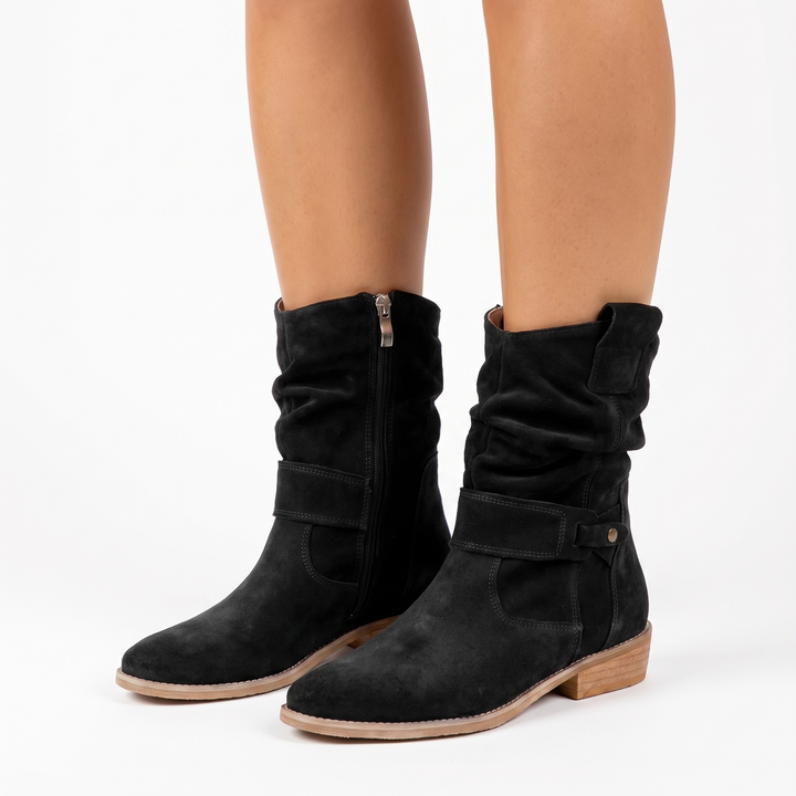 Women's Suede Slouchy Boots Mid-Calf Low Block Heel