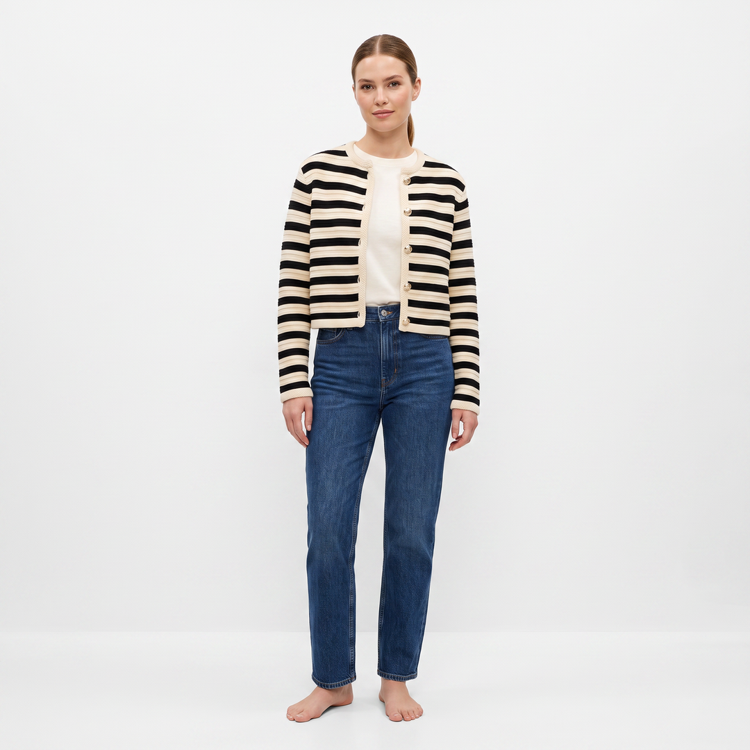 Women's Striped Cardigan Button-Front Crew Neck Cropped Sweater