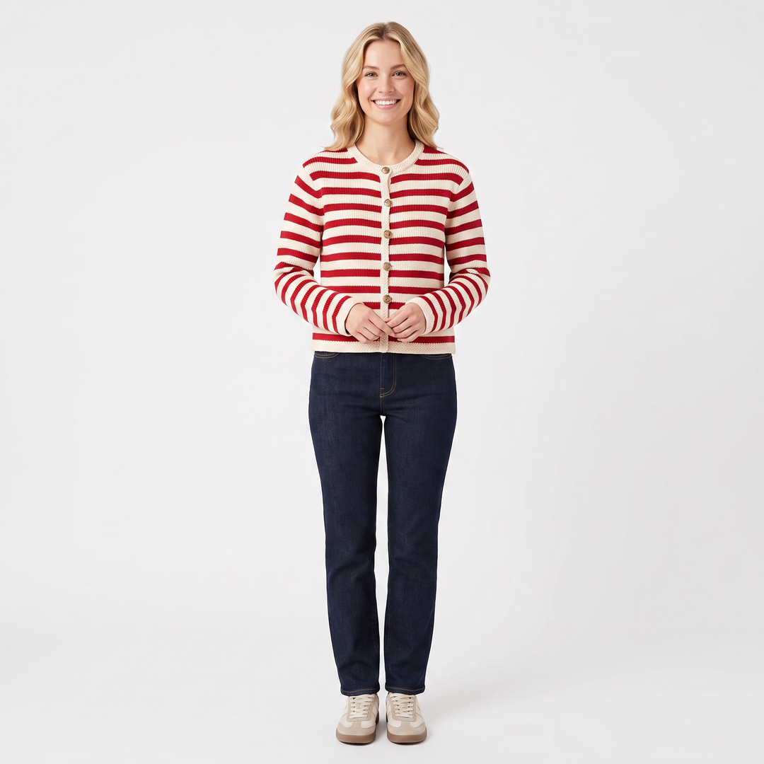 Women's Striped Cardigan Button-Front Crew Neck Cropped Sweater