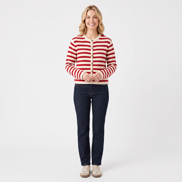 Women's Striped Cardigan Button-Front Crew Neck Cropped Sweater