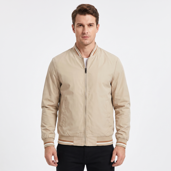 Men's Bomber Jacket Striped Ribbed Collar Zip-Up Casual Coat