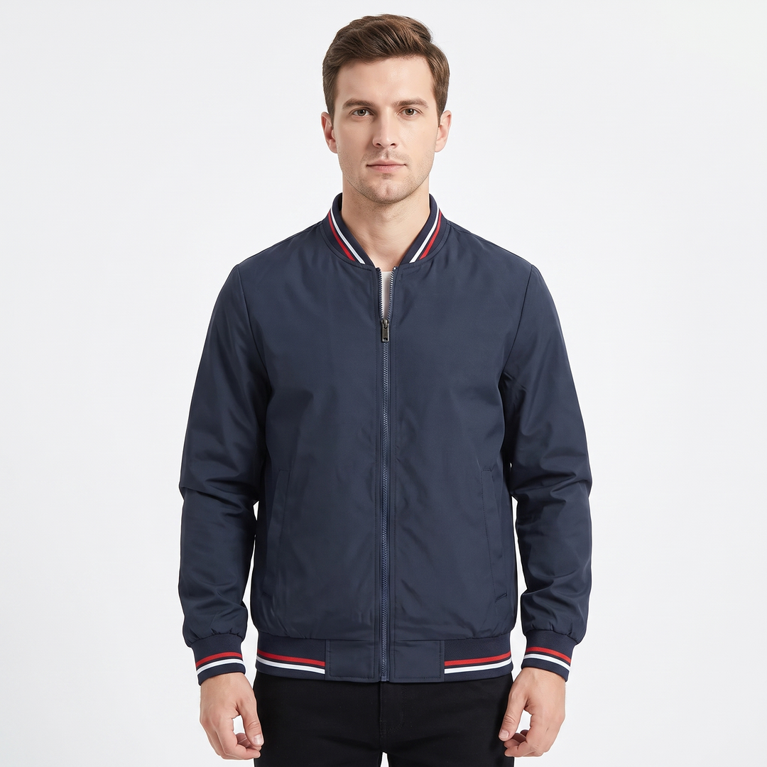 Men's Bomber Jacket Striped Ribbed Collar Zip-Up Casual Coat