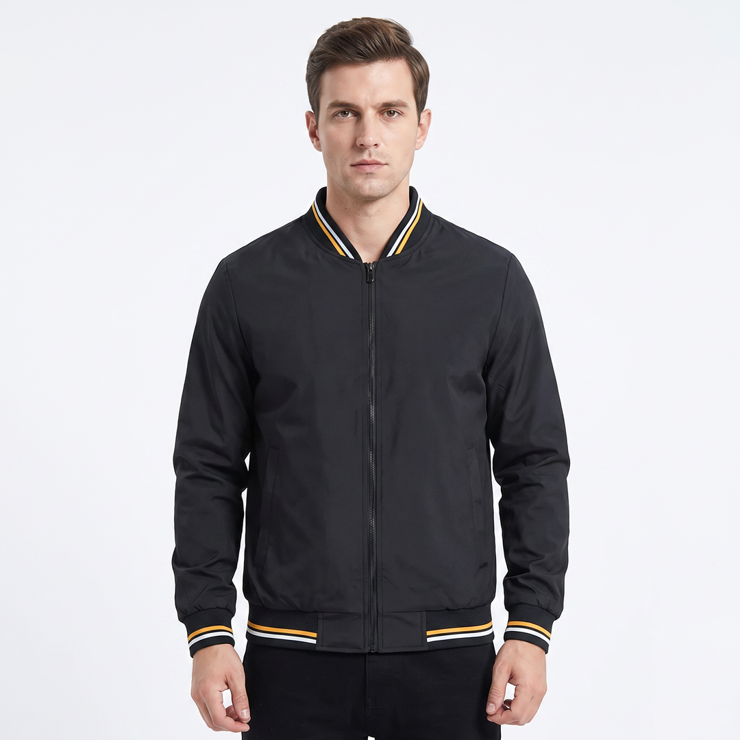 Men's Bomber Jacket Striped Ribbed Collar Zip-Up Casual Coat