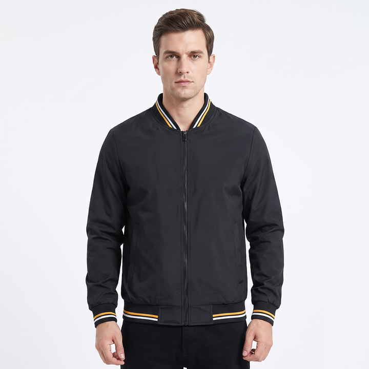 Men's Bomber Jacket Striped Ribbed Collar Zip-Up Casual Coat