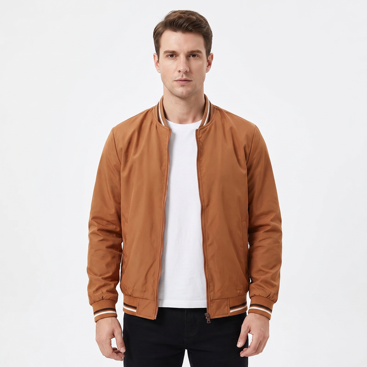 Men's Bomber Jacket Striped Ribbed Collar Zip-Up Casual Coat