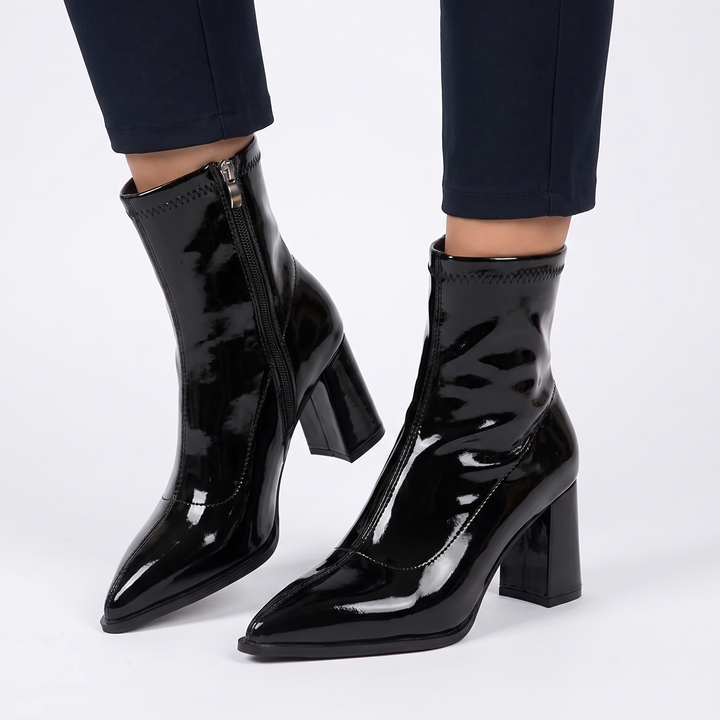 Women's Pointed Toe Ankle Boots Block Heel Zip-Up Bootie