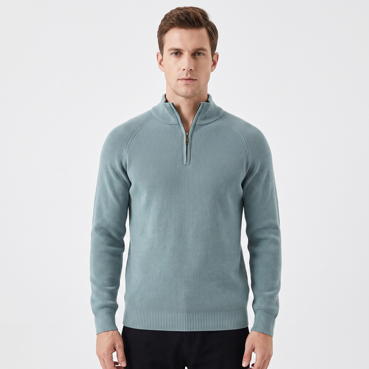 Men's Quarter-Zip Sweater Ribbed Knit Contrast Collar Pullover