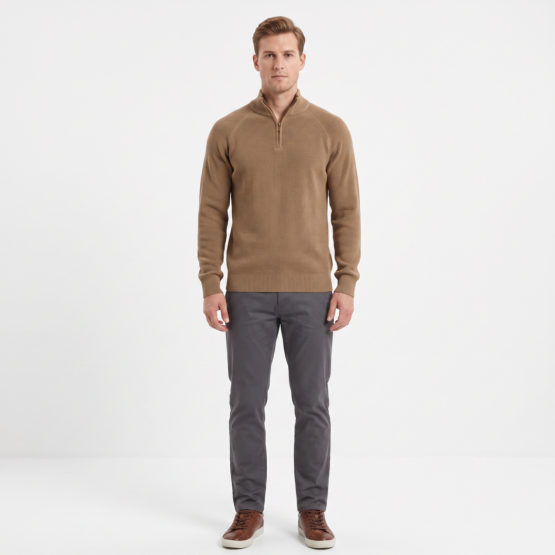Men's Quarter-Zip Sweater Ribbed Knit Contrast Collar Pullover