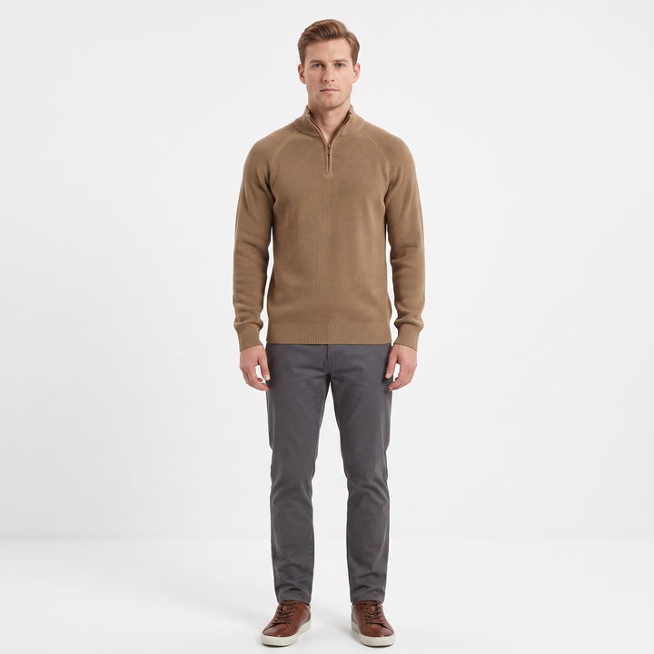 Men's Quarter-Zip Sweater Ribbed Knit Contrast Collar Pullover