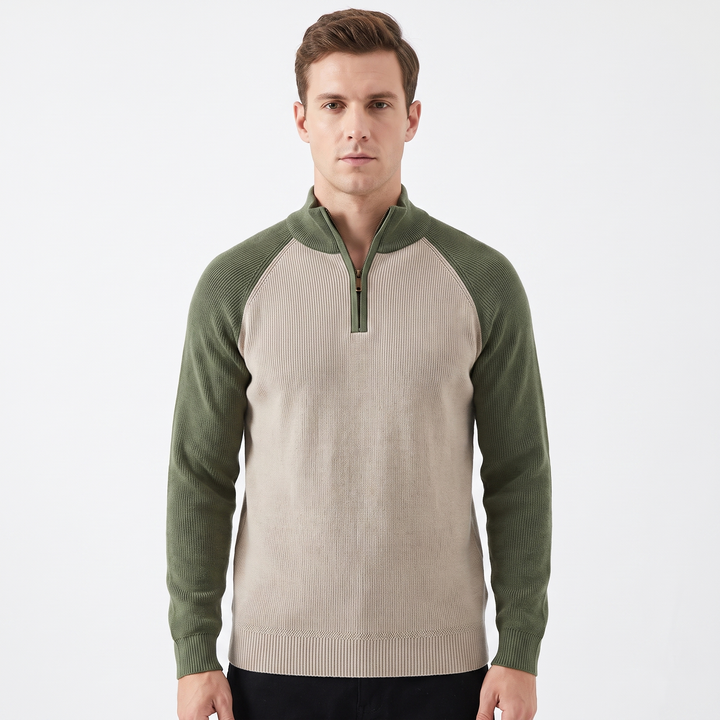 Men's Quarter-Zip Sweater Ribbed Knit Contrast Collar Pullover