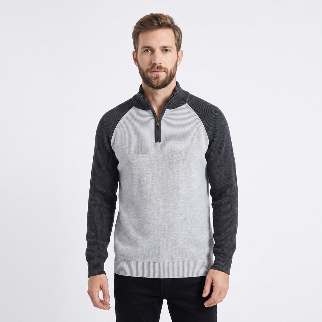 Men's Quarter-Zip Sweater Ribbed Knit Contrast Collar Pullover