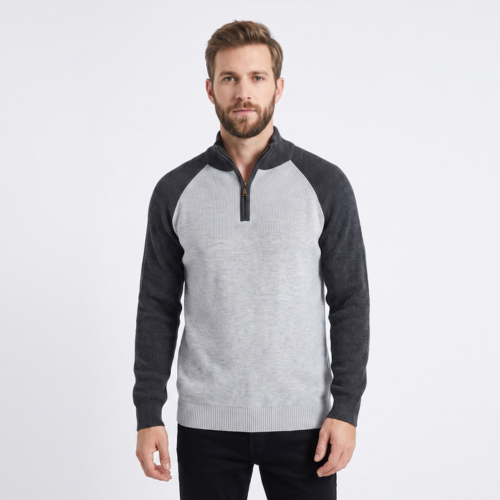 Men's Quarter-Zip Sweater Ribbed Knit Contrast Collar Pullover