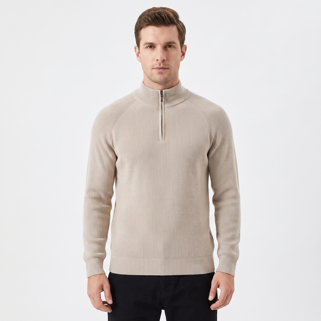 Men's Quarter-Zip Sweater Ribbed Knit Contrast Collar Pullover