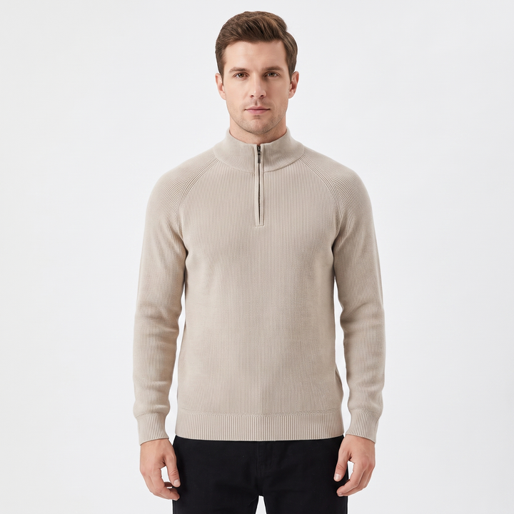 Men's Quarter-Zip Sweater Ribbed Knit Contrast Collar Pullover