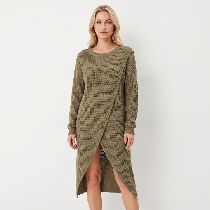 Women's Wrap Front Sweater Dress Long Sleeve Knit Tunic