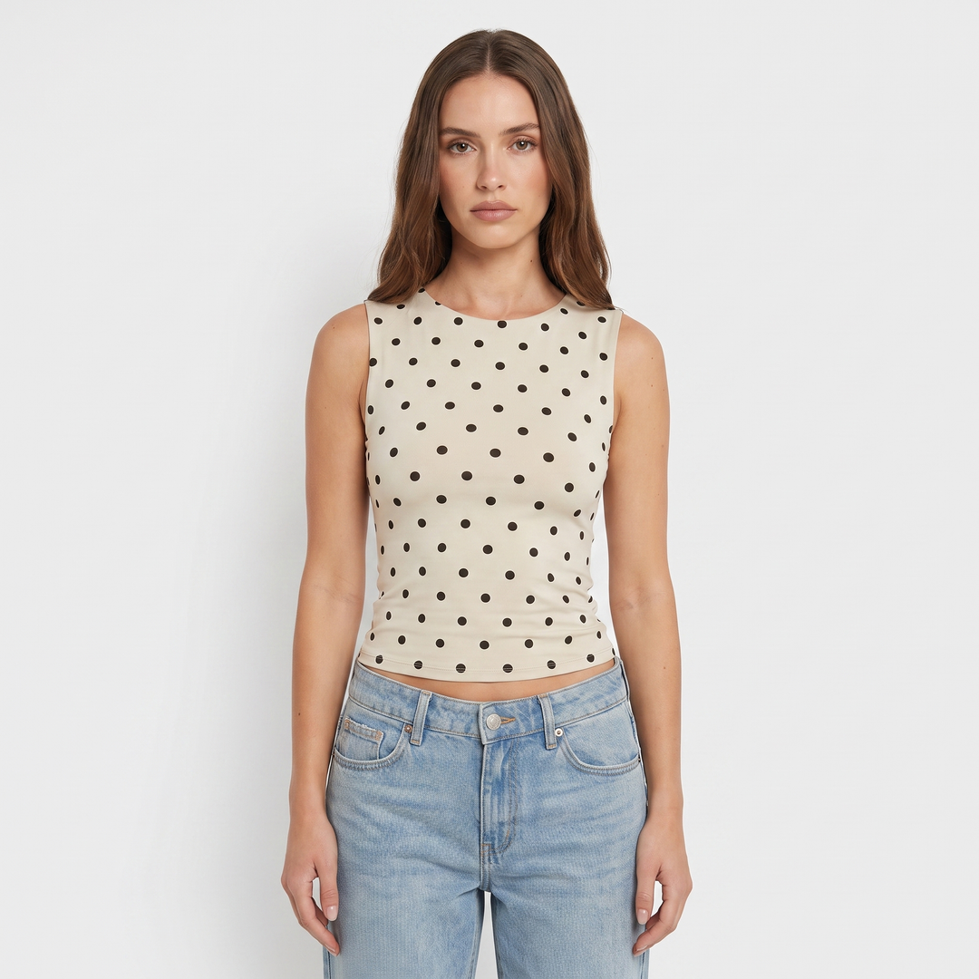 Women's Polka Dot Tank Top Sleeveless Ruched Side Crop Fitted Tee