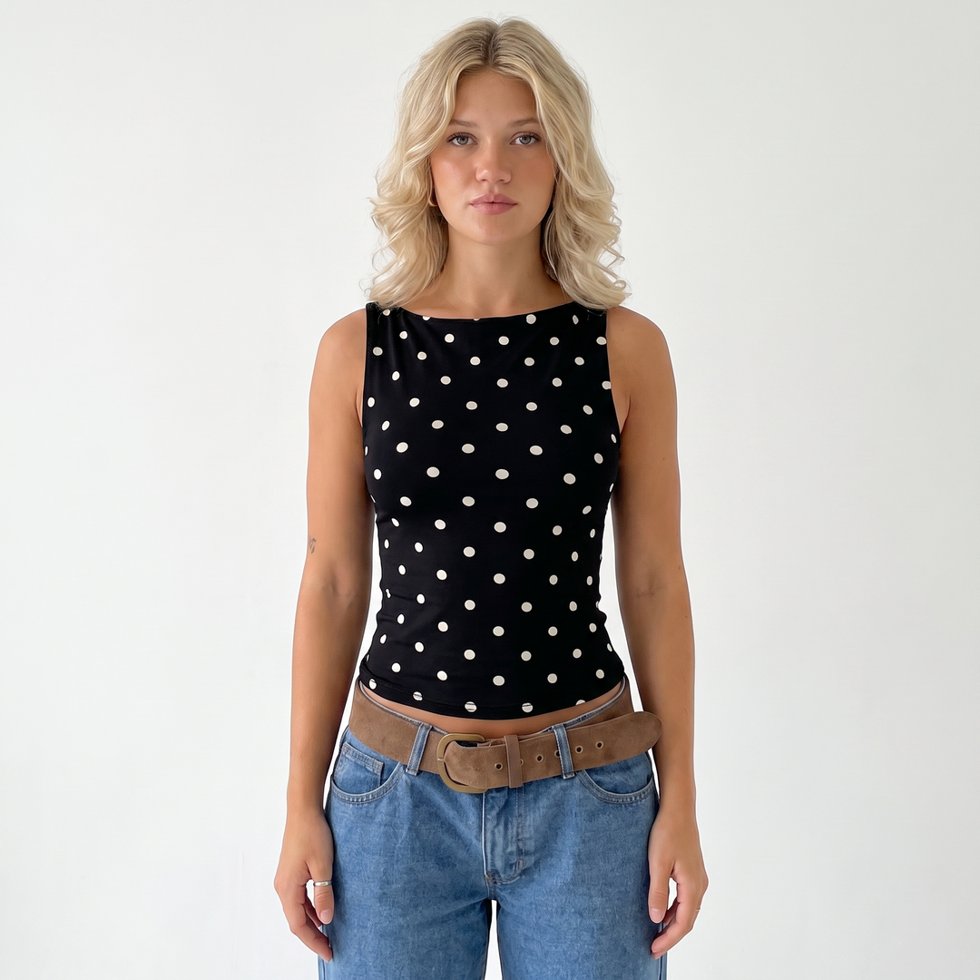 Women's Polka Dot Tank Top Sleeveless Ruched Side Crop Fitted Tee